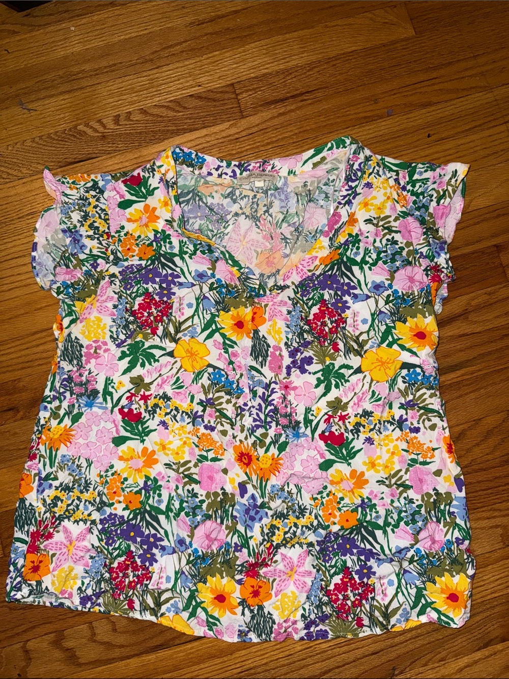 Cynthia Rowley Multicolor Floral Flutter Sleeve Top 1X Plus